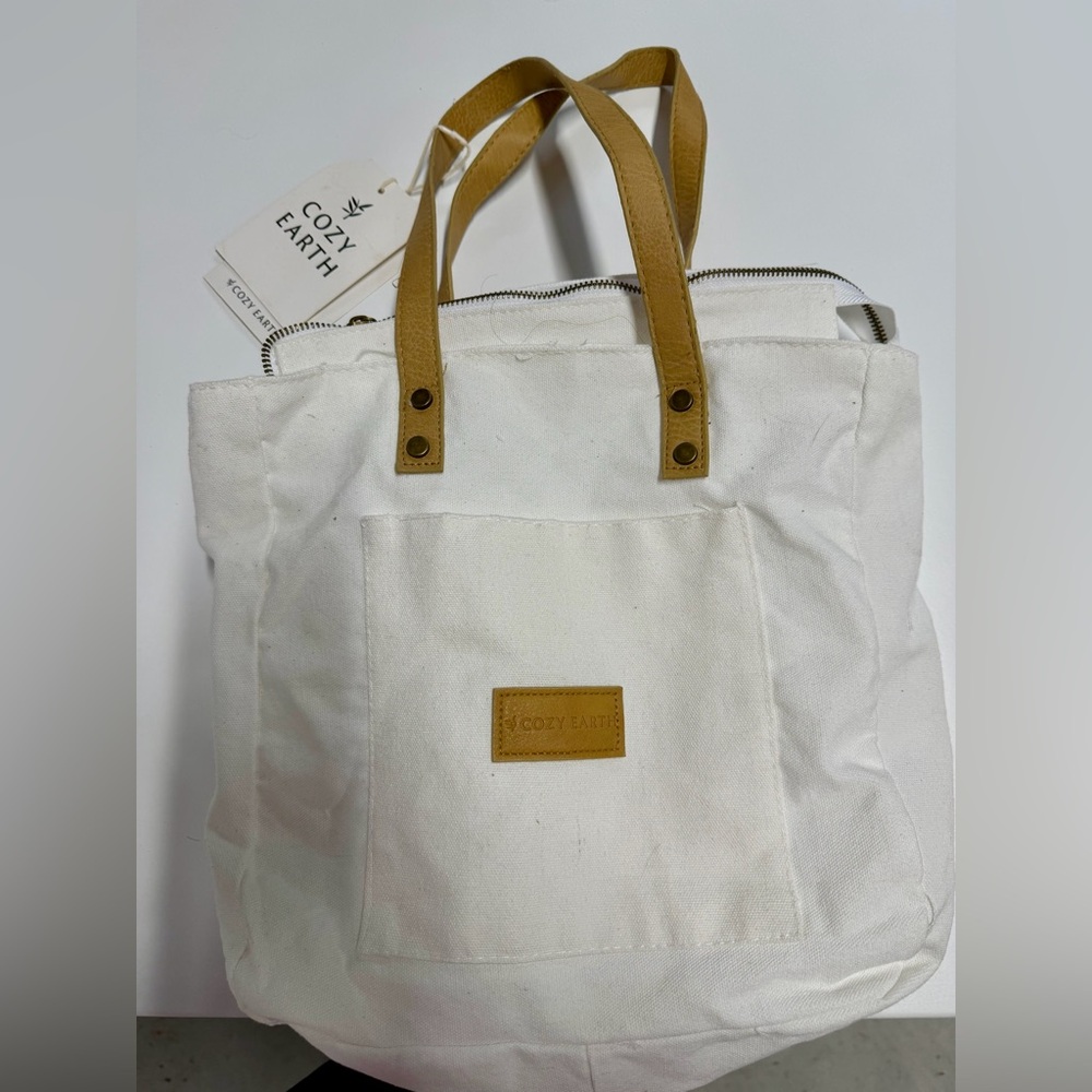 Cozy Earth White Canvas Tote with Tan Leather Handles-NEW